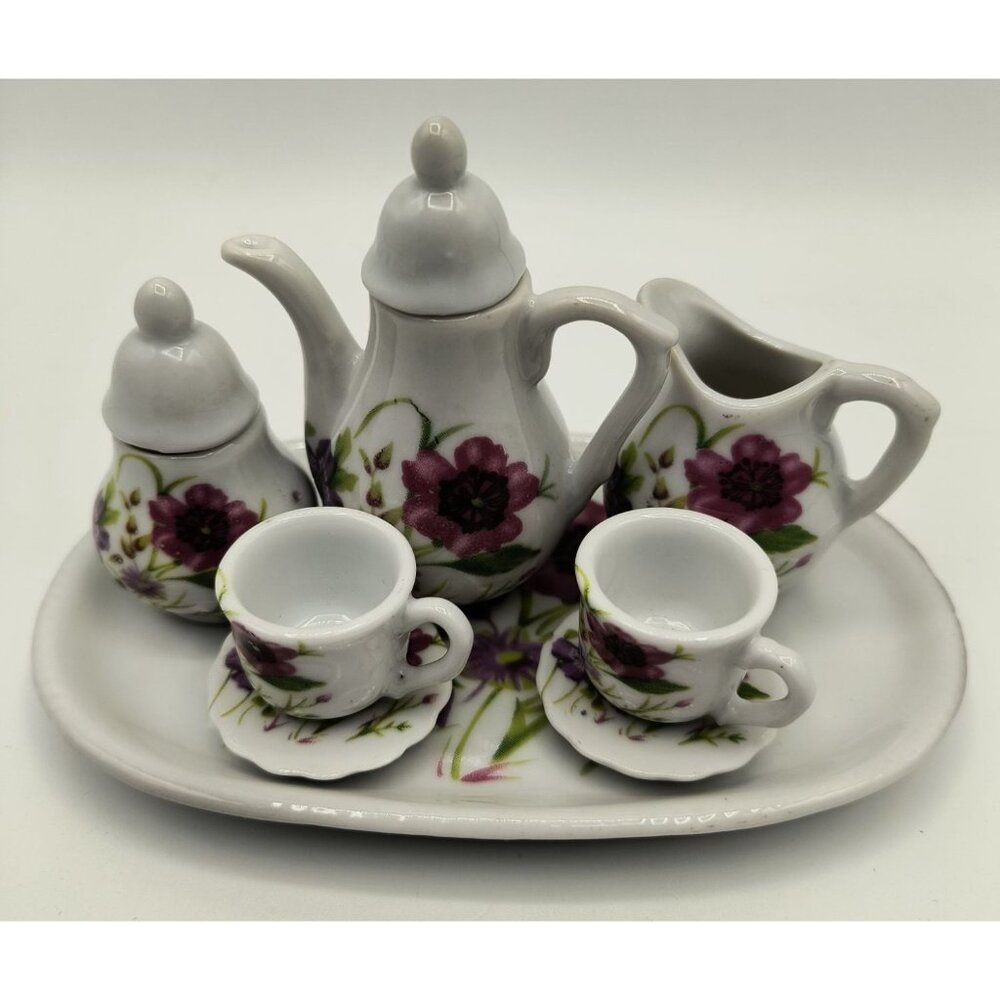 Miniature Royal Norfolk Porcelain Tea Set With Purple Floral Design